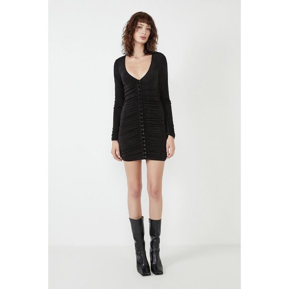 Bardot Dress Demi Black V Neck Ruched Long Sleeve Mini Bodycon - Picture 3 of 12